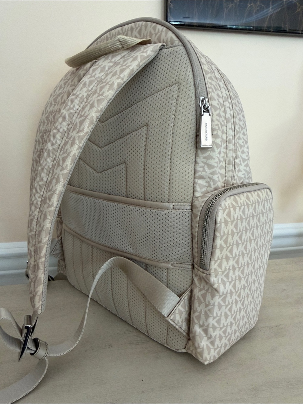 Michael Kors Beige MK woven Logo Backpack with Silver Accents - Picture 8 of 12